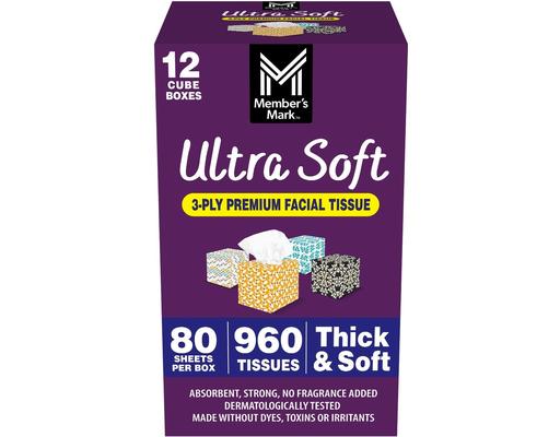 Ultra Soft 3-Ply Premium Facial Tissues, 80 count, 12 boxes Member's Mark