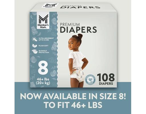 Premium Baby Diapers, Size: 8, 108 count Member's Mark
