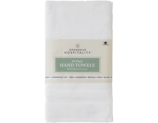 100% Cotton Hand Towels, White, 12 count Grandeur Hospitality