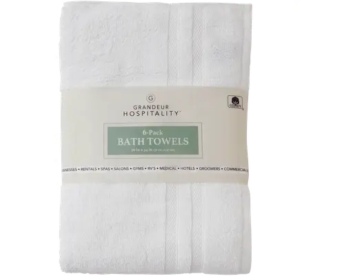 100% Cotton Bath Towels, White, 6 count Grandeur Hospitality