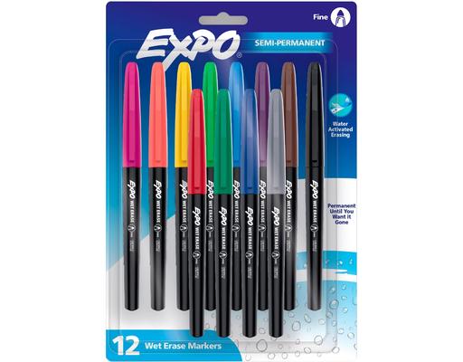 Wet Erase Markers, Semi-Permanent Markers, Assorted, Fine Tip, 12 count Expo