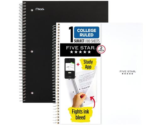 Spiral Notebook Plus Study App, 5 Subject, College Ruled, 8-1/2" x 11", 2 Pack Five Star