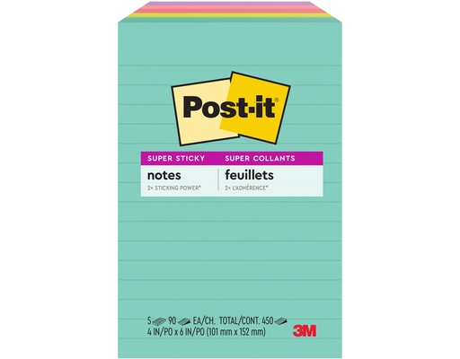 Super Sticky Notes, 4" x 6", Supernova Neons Collection, Lined, 450 count Post-It