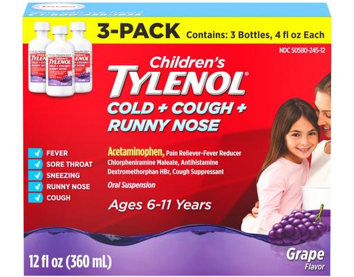Cold + Cough + Runny Nose Medicine, Grape Flavor, 4 fl. oz., 3 pack Tylenol