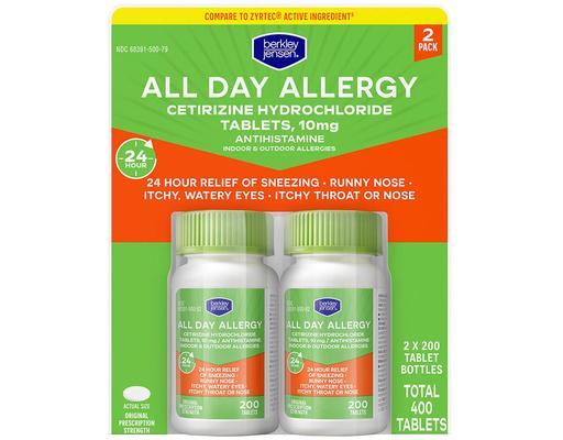 24 Hour Allergy Relief Cetirizine Hydrochloride 10mg Tablets, 400 count. Berkley Jensen
