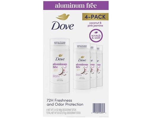 Aluminum Free Deodorant Stick, Coconut & Pink Jasmine, 4 pack, 2.4 oz. each Dove