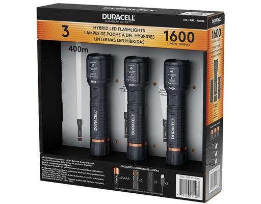 Durabeam Ultra 1600 Lumen Hybrid Power LED Flashlight, 3 pack Duracell