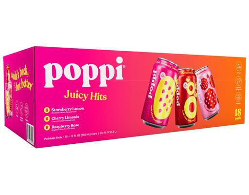 Juicy Hits Prebiotic Soda Variety Pack, 12 fluid ounce, 18 count Poppi