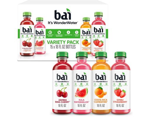 WonderWater Flavored Water Beverage Variety Pack, 18 fl. oz., 15 pack Bai