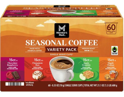 Seasonal Coffee Medium Roast Coffee Pods, Variety Pack, 60 count. Member's Mark