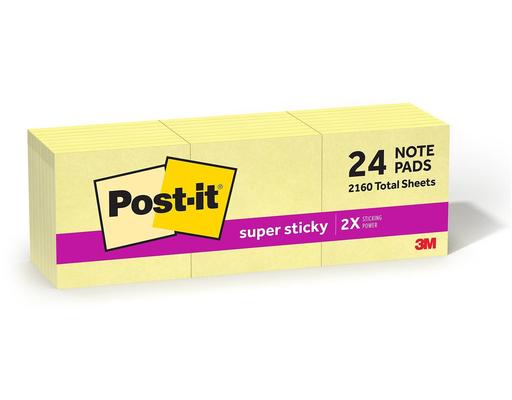 Super Sticky Notes, Canary Yellow, 3 in. x 3 in., 24 Pads Post-it