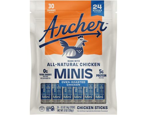 Oven-Roasted Chicken Mini Sticks, 0.5 oz., 24 count. Archer