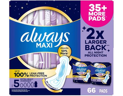 Maxi Overnight Pads with Wings, Size 5, 66 count Always