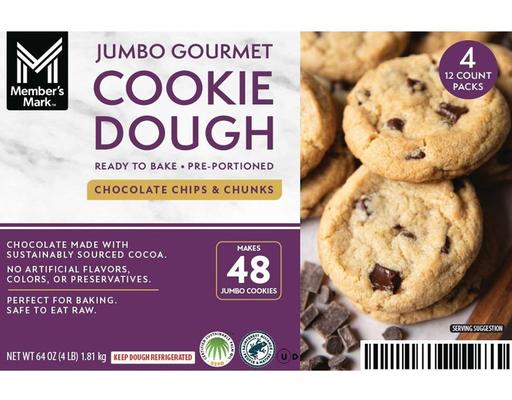 Jumbo Gourmet Chocolate Chip and Chunk Cookie Dough, 16 oz., 4 pack Member's Mark