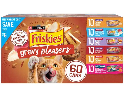 Friskies Wet Cat Food Gravy Pleasers Variety Pack with Fully Load’d, Meaty Bits, and Prime Filets, 60 count., 5.5 oz. Cans Purina
