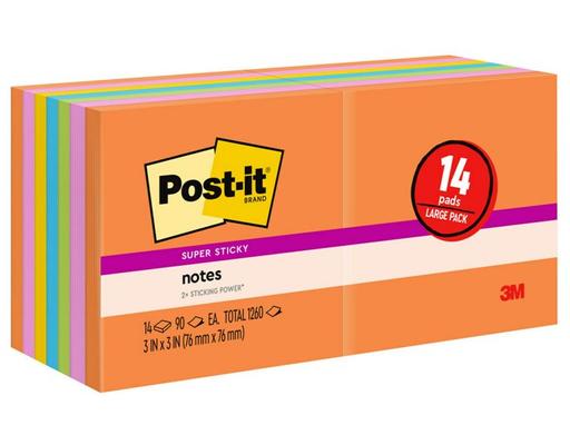 Super Sticky Notes, 3 in. x 3 in., 14 Pads per Pack, 1460 count Post-It